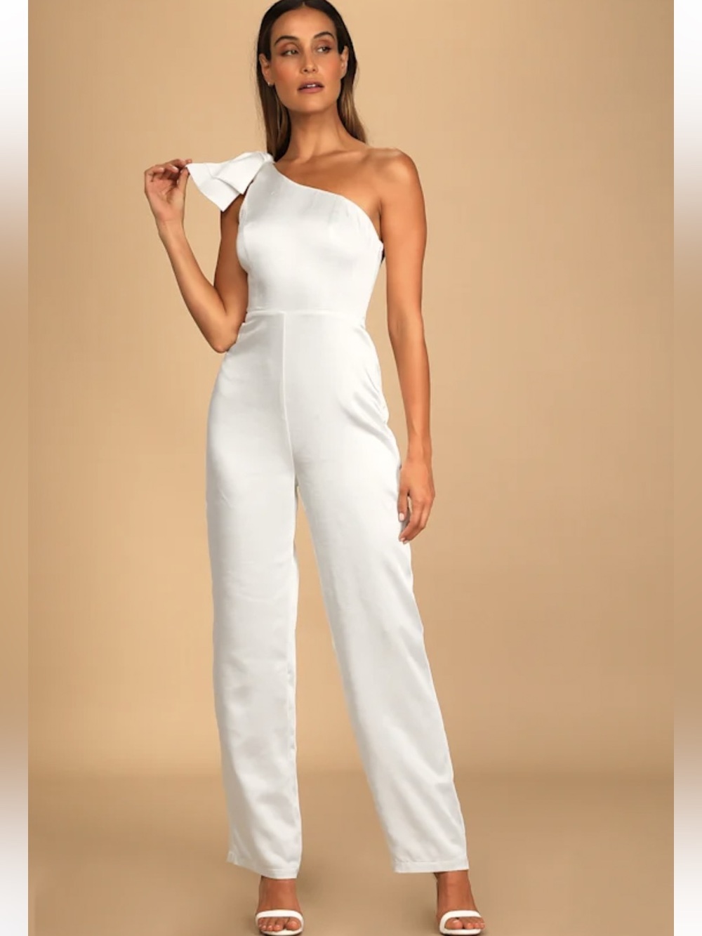 Lulus My Forever Romance Ivory Satin One-Shoulder Jumpsuit Small